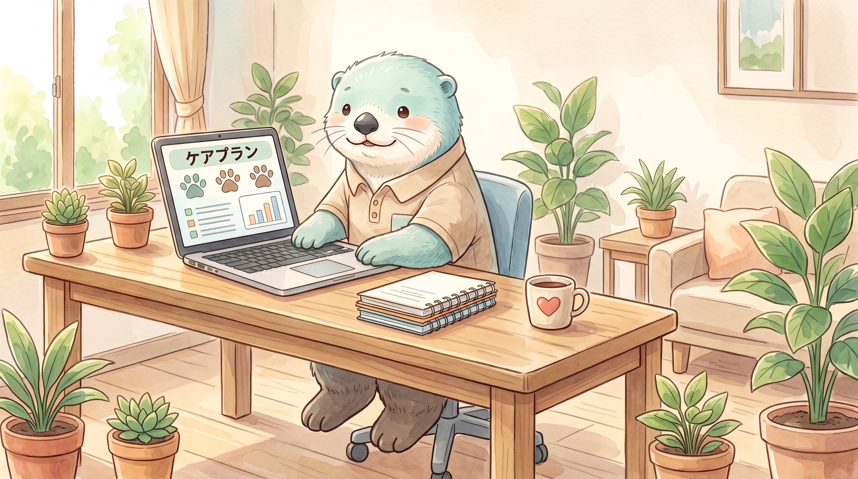 デスクでケアプランを作成するラッコのミドリコ